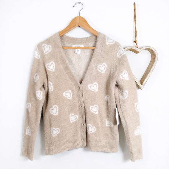 Bailey 44 Cozy Beige Heart Print Fuzzy Cardigan Soft Knit Sweater Cottagecore SM - Picture 2 of 10